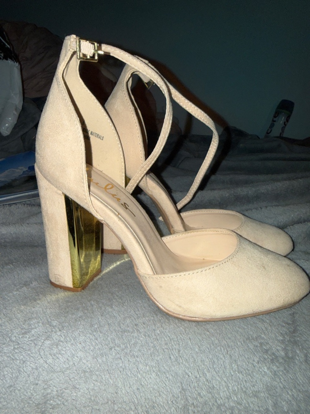 Lulu's Nude Suede Block Heel Pumps with Gold Metallic Heel